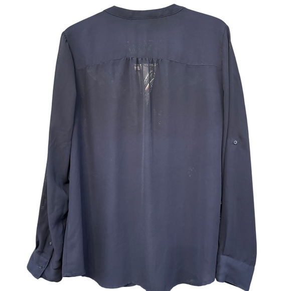Gap Navy Blue Sheer Blouse Oversized XL Roll Tab Long Sleeve Button Front - Picture 2 of 5